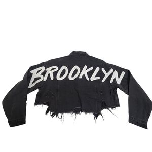Trio Urban Brooklyn Cropped Denim Distressed Black Jean Jacket Size Small Street